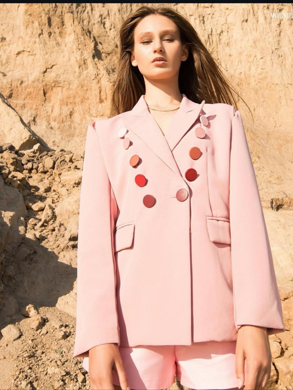Tailored Pink Double-Breasted Blazer With Decorative Buttons